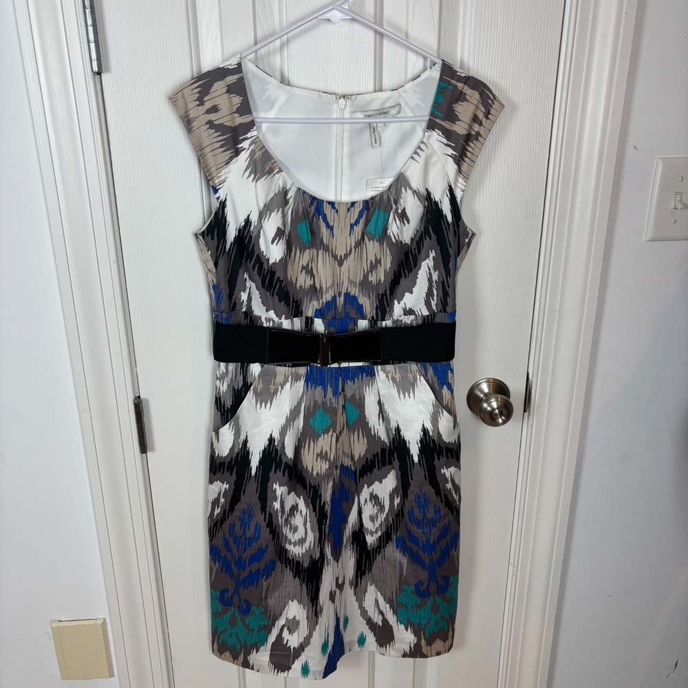 maxandcleo Shandra Sapphire Ikat Print Belted Sheath‎ Dress Size 10 - Picture 2 of 7